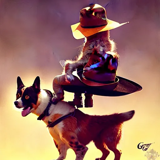 Prompt: tiny cat girl in cowboy hat riding on the back of a giant corgi by greg rutkowski