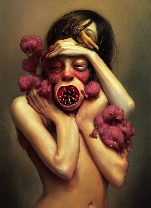 Prompt: Oil painting - She Eats of the Strangling Fruit and Her gossamer polyp blossoms bring iridescent fungal flowers whose spores black the foolish stars by Jenny Saville, Abstract brush strokes, Masterpiece, Edward Hopper and James Gilleard, Zdzislaw Beksinski, Mark Ryden, Wolfgang Lettl highly detailed, hints of Yayoi Kasuma