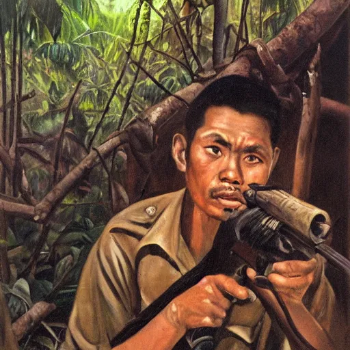 Prompt: the portrait of a communist guerrilla waiting in the dark cervices to ambush, tropical jungle warfare during the Malayan Emergency 1950, masterpiece of social realist oil painting by Chua Mia Tee, British Pathe archive, National War Museum, Nanyang Arts Equator art movement, realistic, cinematic, 8k resolution, intricate jungle. H 768