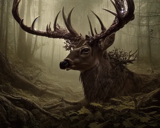 Prompt: 5 5 mm portrait photo of an armored demonic undead deer with antlers, in a magical forest looking at the camera. dark atmosphere. art by greg rutkowski and luis royo. highly detailed 8 k. intricate. lifelike. soft light. nikon d 8 5 0.