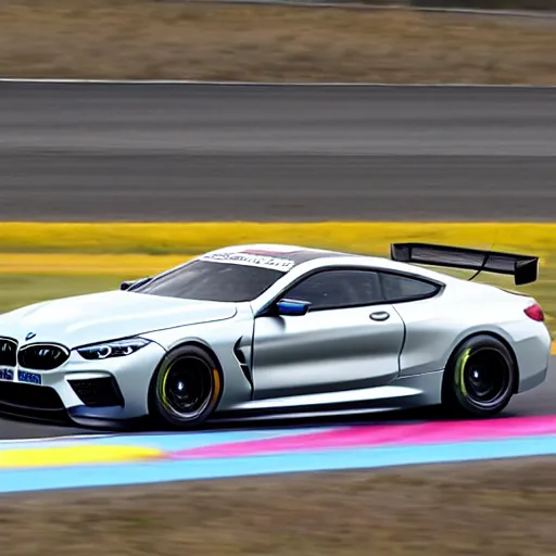 Prompt: a 2 0 1 8 bmw m 8 gte driving on a race track