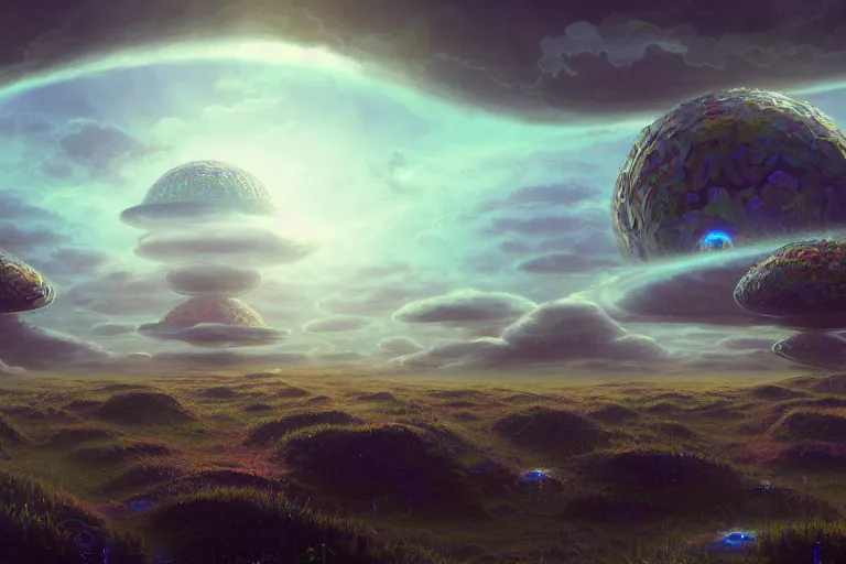 Image similar to a psychedelic realm with rolling plains made out of clouds, and giant portals scattered throughout that lead into the multiverse, in the style of wlop, illustration, epic, fantasy, hyper detailed, smooth, unreal engine, sharp focus, ray tracing