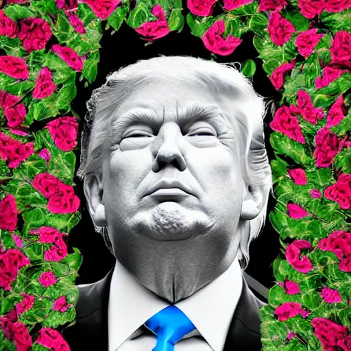 Image similar to amazingly complex portrait of Donald trump laying in a bed of black roses as a goddess staring curiously at you. soft detailed painting at 16K resolution and amazingly epic visuals. epically beautiful image. amazing effect, image looks gorgeously crisp as far as it's visual fidelity goes, absolutely outstanding. vivid clarity. ultra detail. iridescent. mind-breaking. mega-beautiful pencil shadowing. beautiful face. Ultra High Definition. soft shading. soft texture. intensely beautiful.