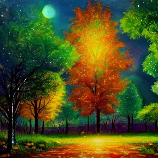 Image similar to landscape with colorful trees with furry leaves and fireflies, luminescent detailed magical realism painting 4 k artstation