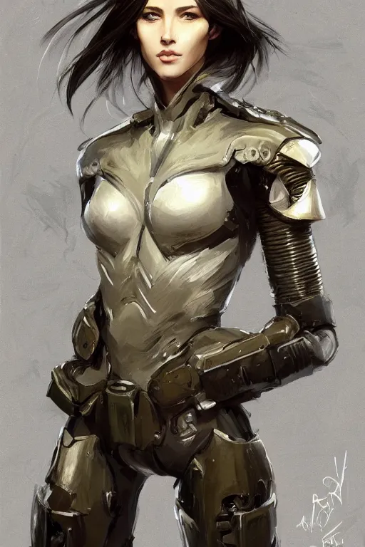 Image similar to a professionally painted portrait of an attractive young woman, clothed in military armor, olive skin, long dark hair, beautiful bone structure, symmetrical facial features, intricate, elegant, digital painting, trending on Artstation, concept art, smooth, sharp focus, illustration, from Metal Gear by Ruan Jia and Mandy Jurgens and Artgerm and William-Adolphe Bouguerea, award winning