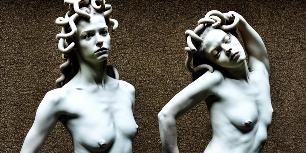 Prompt: modern sculpture, young woman as medusa, multiple poses, prominent jawline