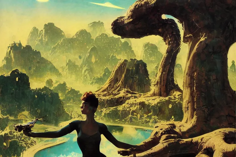 Prompt: 5 0 s pulp scifi illustration, space woman meets big science fiction alien martian in beautiful landscape, pond, baobab trees, distant mountains, dynamic action, by norman rockwell, jack kirby, john berkey, bergey, craig mullins, ruan jia, raymond swanland, jeremy mann, beksinski, tom lovell, alex malveda, schomburg