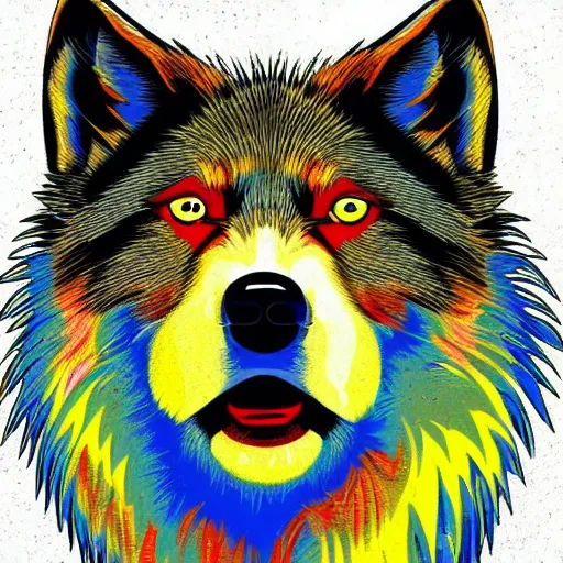 Image similar to portrait of retarded wolf, retard, rabies propaganda style, vivid colors, detailed