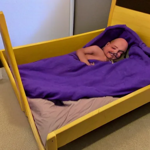 Prompt: kratos sleeping in kid sized bed