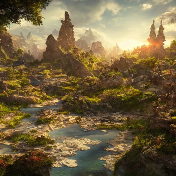 Prompt: beautiful realistic landscape photo of fantasy mmo world, intricate detailed, innovation, bright modern style, artstation, unreal render, depth of field, ambient lighting, award winning, stunning