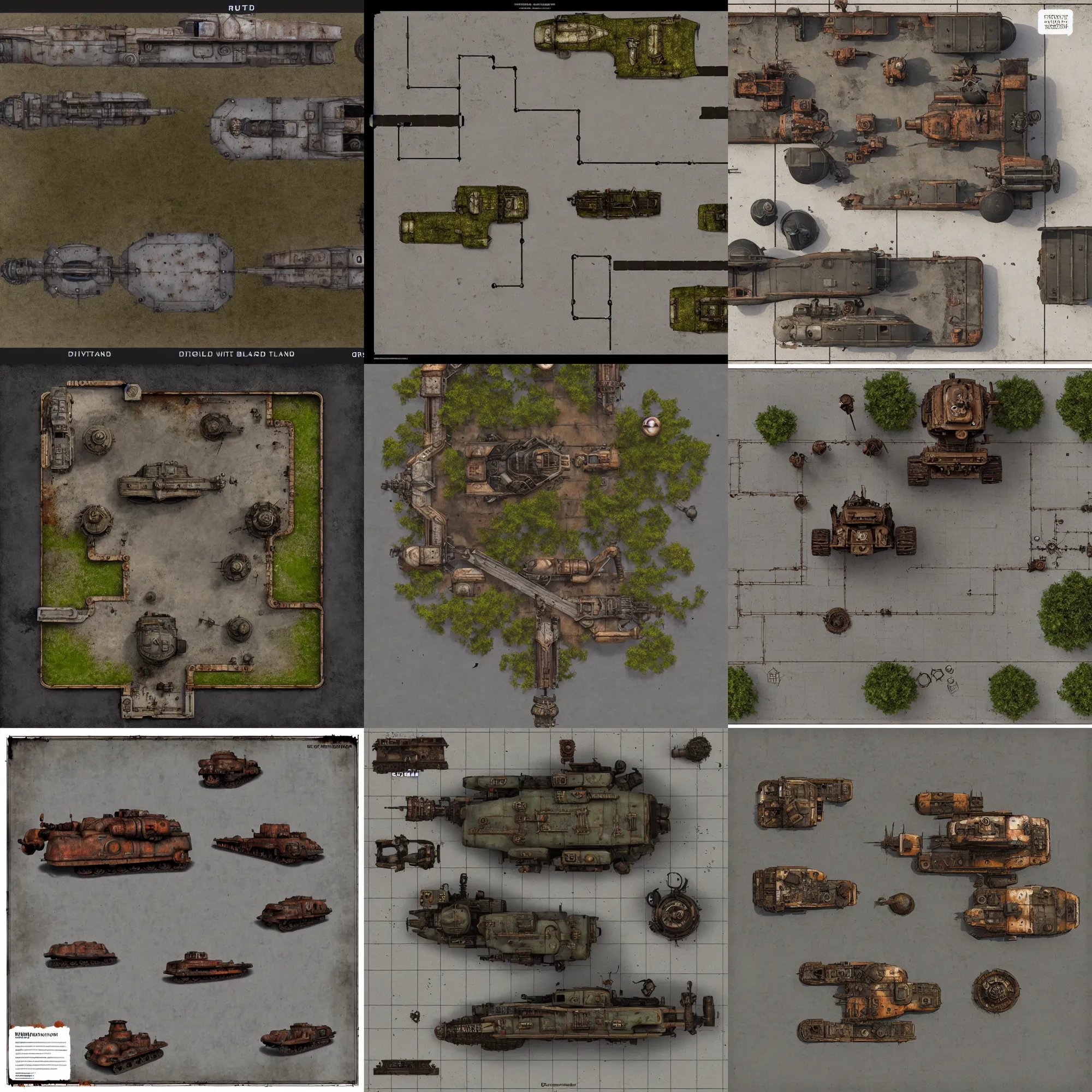 Prompt: top down overhead bird's eye view!!! | | digital painted rusted dieselpunk tank virtual tabletop asset sheet, floor plan view, roll 2 0, 2 - minute tabletop, battle map prop, black background, unity asset store, by greg rutkowski, trending on artstation