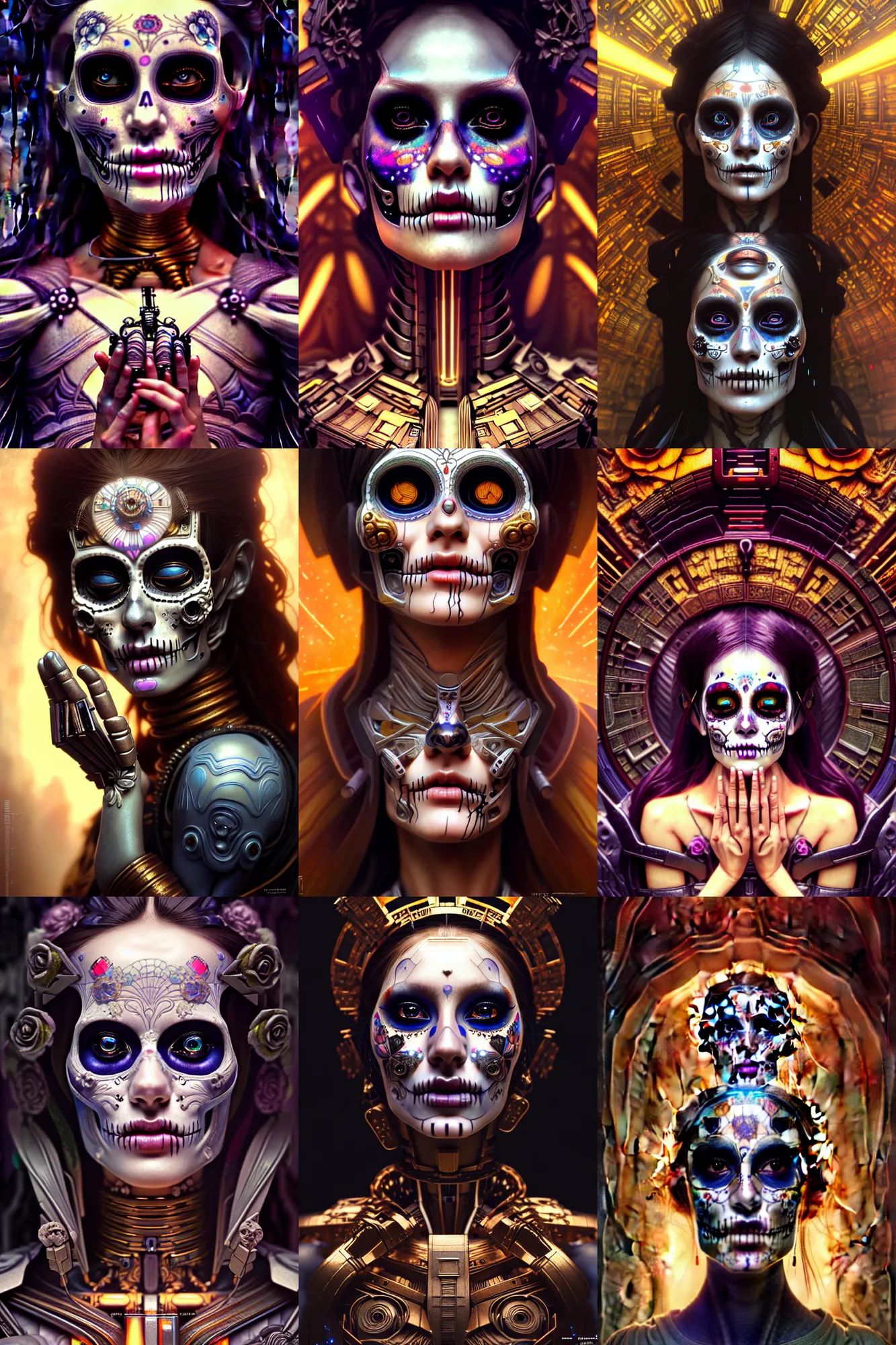 Prompt: beautiful crying android! woman deity. portait, fantasy, blade runner, pose, photorealistic, interstellar, intricate detailed environment. ( el dia los muertos ), 8 k, hd. photo by terry o'neil and artgerm and greg rutkowski and alphonse mucha and loish and wlop