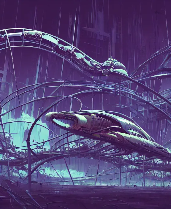 Image similar to simplicity, a roller coaster made out of simple weird organic creatures, in the style of a streamlined asymmetrical spaceship, bleak apocalyptic environment, by dan mumford, yusuke murata, makoto shinkai, ross tran, cinematic, unreal engine, cel shaded, featured on artstation, pixiv