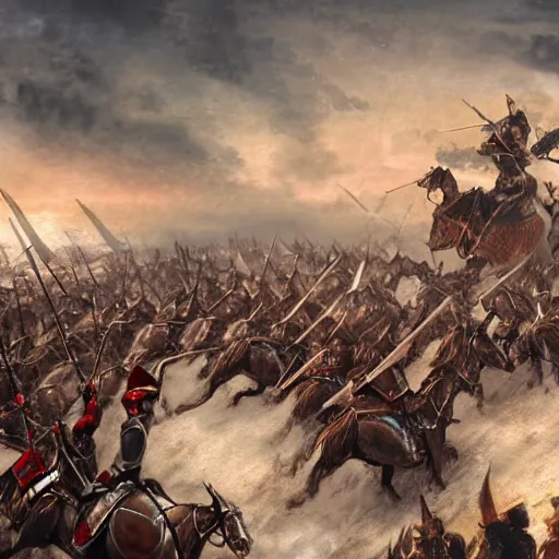 Prompt: Byzantine mounted medieval cataphract charges into battle, digital matte painting, high quality