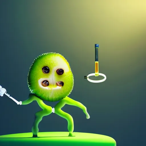 Prompt: a kiwifruit wearing a lab coat and goggles holding a test tube in a science lab, digital art, 8k, trending on artstation