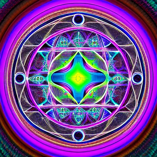 Prompt: dmt entity, sacred geometry, hyper realism, nerves fly in all directions connecting to the four dimensional background. highly detailed, 4 k, symmetry, masterpiece