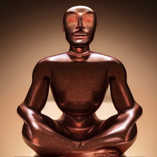 Image similar to incredible rose gold by john duncan. a conceptual art of a man with a large head, sitting in a meditative pose. his eyes are closed & he has a serene look on his face. his body is made up of colorful geometric shapes & patterns that twist & turn in different directions.