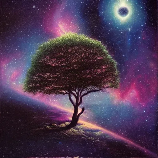 Prompt: a tree floating inside of a nebula, david a. hardy