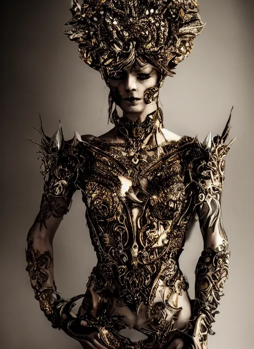 Image similar to a portrait of female model by stefan geselle and nekro borja, photorealistic, intricate details, hyper realistic, fantasy, ornate metal gold headpiece, photorealistic, canon r 3, photography, wide shot, photography, dark beauty, symmetrical features, wide angle shot, whole body, full body shot, standing pose