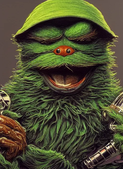 Image similar to portrait of Oscar The Grouch in Society (1989), intricate, highly detailed, centered, digital painting, artstation, concept art, smooth, sharp focus, illustration, artgerm, donato giancola, Joseph Christian Leyendecker, Les Edwards, Ed Repka, WLOP, Artgerm