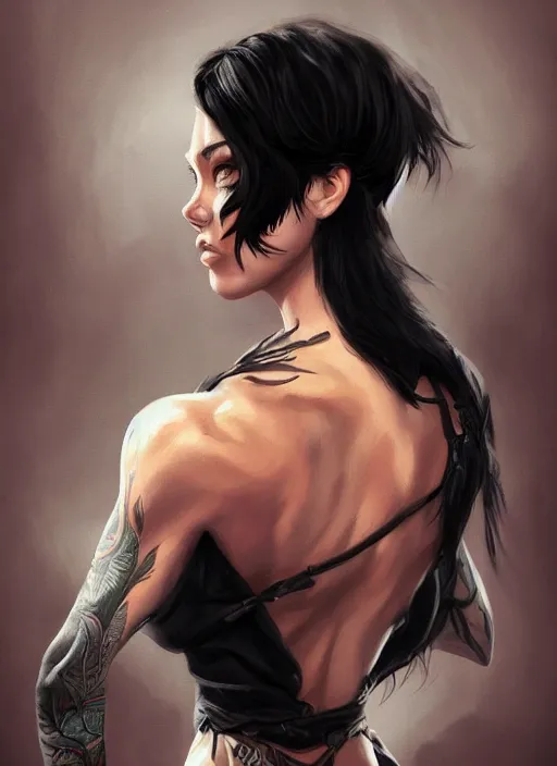 Image similar to a black haired woman in a tank top, muscular upper body, abs, d & d, fantasy, intricate, elegant, highly detailed, digital painting, artstation, concept art, smooth, sharp focus, illustration, art by dayer diego