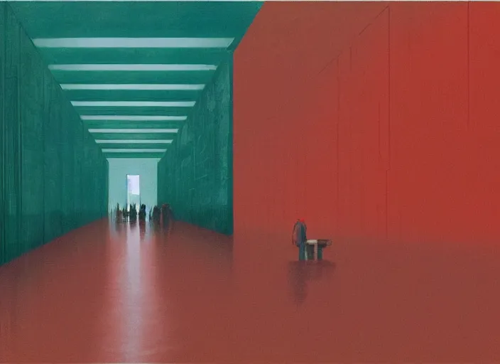 Image similar to flooded floor inside Amazon fulfillment center, people stacked on shelves in red plastic bags, flooded Edward Hopper and James Gilleard, Zdzislaw Beksinski, highly detailed