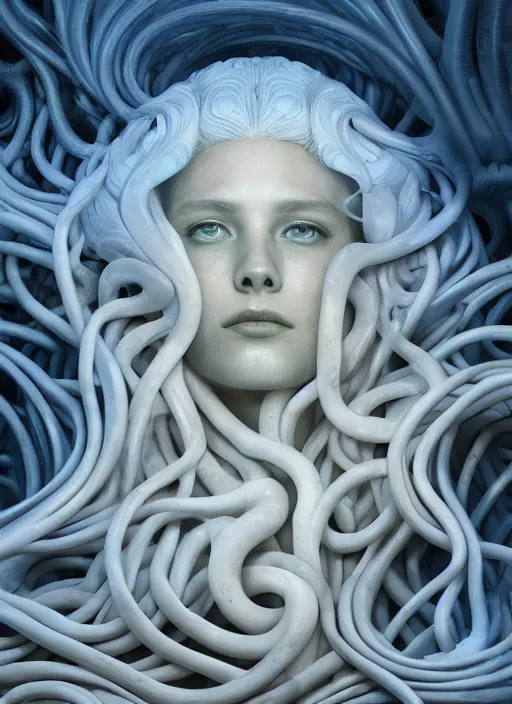 Image similar to medusa made of soft white wax, wooden art nouveau swirls, strong subsurface scattering, cables, tubes, subsurface scattering, in the style of ruan jia and beeple and giger, subsurface scattering, mystical colors, soft look, rim light, dramatic lighting, 8 k, stunning scene, raytracing, octane render, trending on artstation