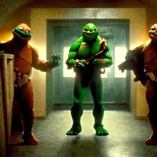 Prompt: movie still of Teenage Mutant Ninja Turtles in The Shining