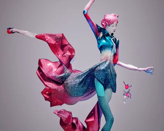 Image similar to James Jean isolated cheerful tomboy vinyl figure, enticing figure photography, dynamic pose, artistic and delicate form, holographic undertones, glitter accents on figure, anime stylized, accurate proportions, high detail, ethereal lighting - H 640