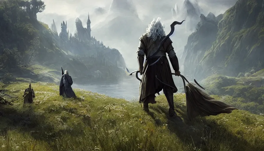 Prompt: concept art of gandalf approaching the shire, hobbiton, intricate, elegant, highly detailed, greg rutkowski, dishonored 2, bioshock, scifi, john park, frazetta, john howe, ruan jia, jeffrey catherine jones