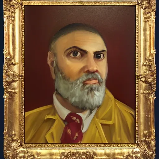 Prompt: portrait of the postal dude, Fine oil painting with golden frame