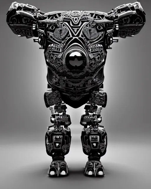 Image similar to a full body shot of an imposing cyborg pig modeled after a bull looking into the camera, contrast lighting, black skin!!!, intricate pattern, hard rubber chest, highly detailed, cyborg, full body shot, intricate, 3 d, symmetrical, octane render, fantasy, highly detailed, digital art, artstation, strong bokeh, black face, leering