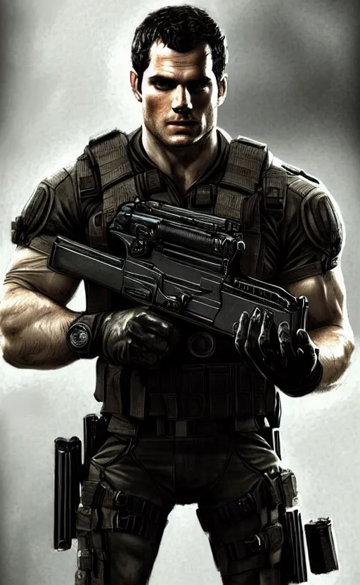 Image similar to portrait of henry cavill as chris redfield, resident evil, pistol, upper body, henry cavill!!!, fantasy, intricate, elegant, highly detailed, digital painting, artstation, concept art, smooth, sharp focus, illustration, art by artgerm and greg rutkowski and alphonse mucha