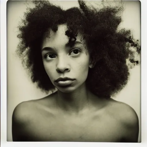 Image similar to polaroid picture, beautiful light - skinned woman, symmetrical face, curly hair, afro, full shot, artistic, black and white, eerie, francesca woodman style