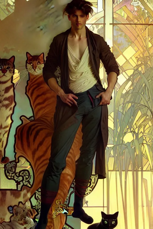 Image similar to full body portrait of a single beautiful young fit man, modern haircut, open shirt, large pants. by greg rutkowski and alphonse mucha, d & d character, in front of a modern room background full of resting cats, highly detailed portrait, digital painting, artstation, concept art, smooth, sharp focus illustration, hq