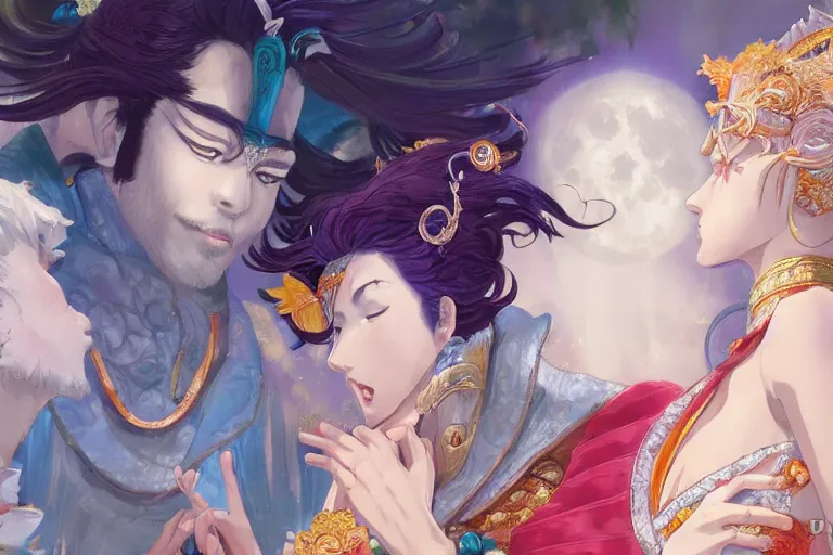 Image similar to close up moment of a divine a japan sun god and a moon goddess lovers magician at a wedding banquet, highly detailed, d & d, fantasy, 4 k realistic, digital painting, trending on artstation, concept art, sharp focus, illustration, art by makoto shinkai and akihiko yoshida and daniel gerhartz