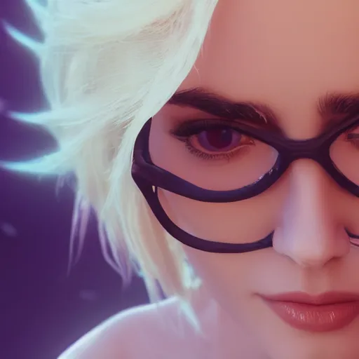 Prompt: abeautiful + blonde + dragon queen + white hair + black glasses + lily collins, floating under the deep dream water, beautiful smooth soft light + white petal, oil paint, cinematic lighting, octane render, unreal engine 5, closeup, 4 k, highly detailed, instagram,