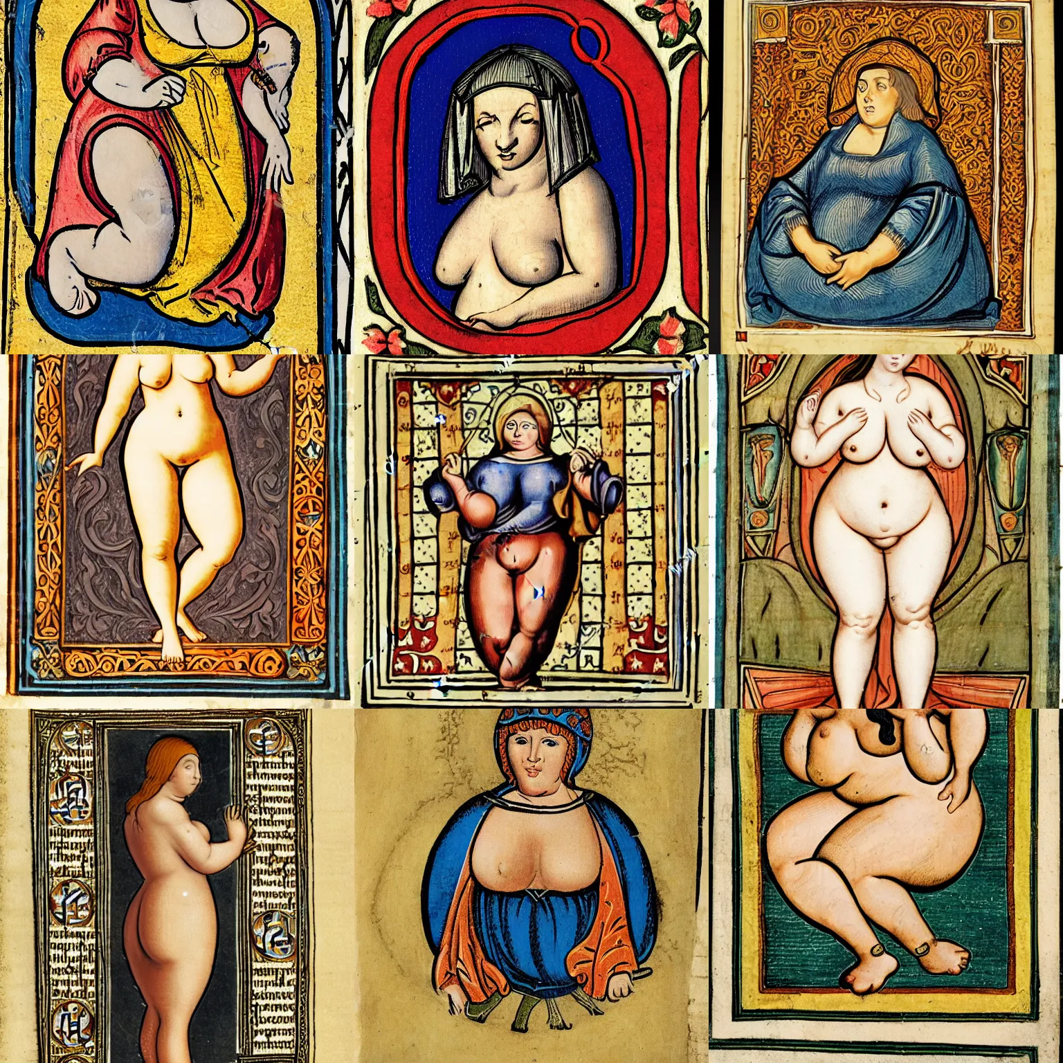 Prompt: rubenesque plump thick woman in medieval illuminated text style, 2 d, on paper, hd