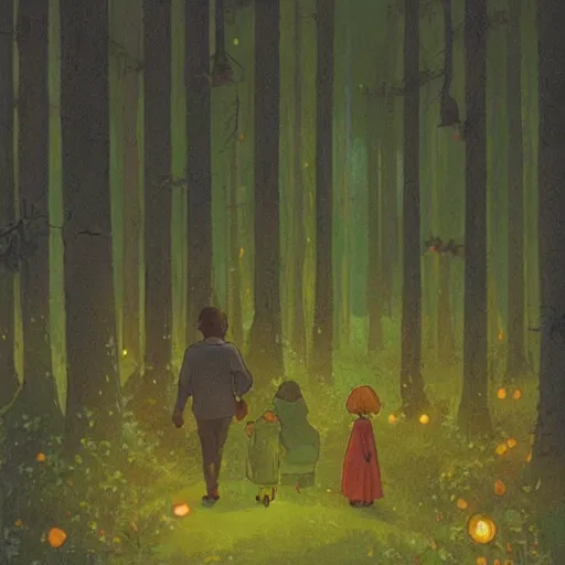 Image similar to a family walking in a beautiful luminous forest at night with fireflies, beautiful lighting, risograph, by ghibli, ross tran, hiroshi yoshida, klimt