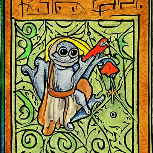 Prompt: pepe the frog medieval illuminated manuscript