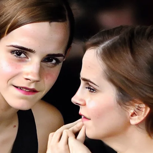 Prompt: emma watson whispering secret to a friend