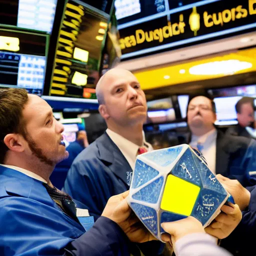 Prompt: Traders are throwing giant dices on stock market trading floor, journalism photo, award-winning