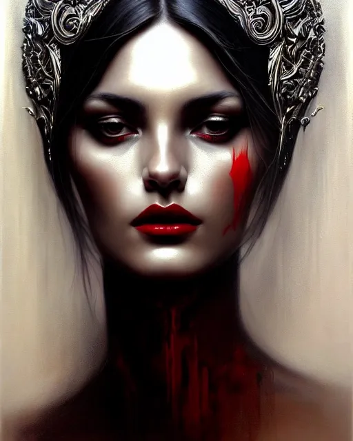 Prompt: portrait of a beautiful goddess, enigmatic beauty, dominant shades of black gold, silver, dark red, white, head in focus, fantasy art, ornamental aesthetics, intricate, elegant, highly detailed, hyperrealistic painting, artstation, concept art, painterly, sharp focus, illustration, art by karol bak