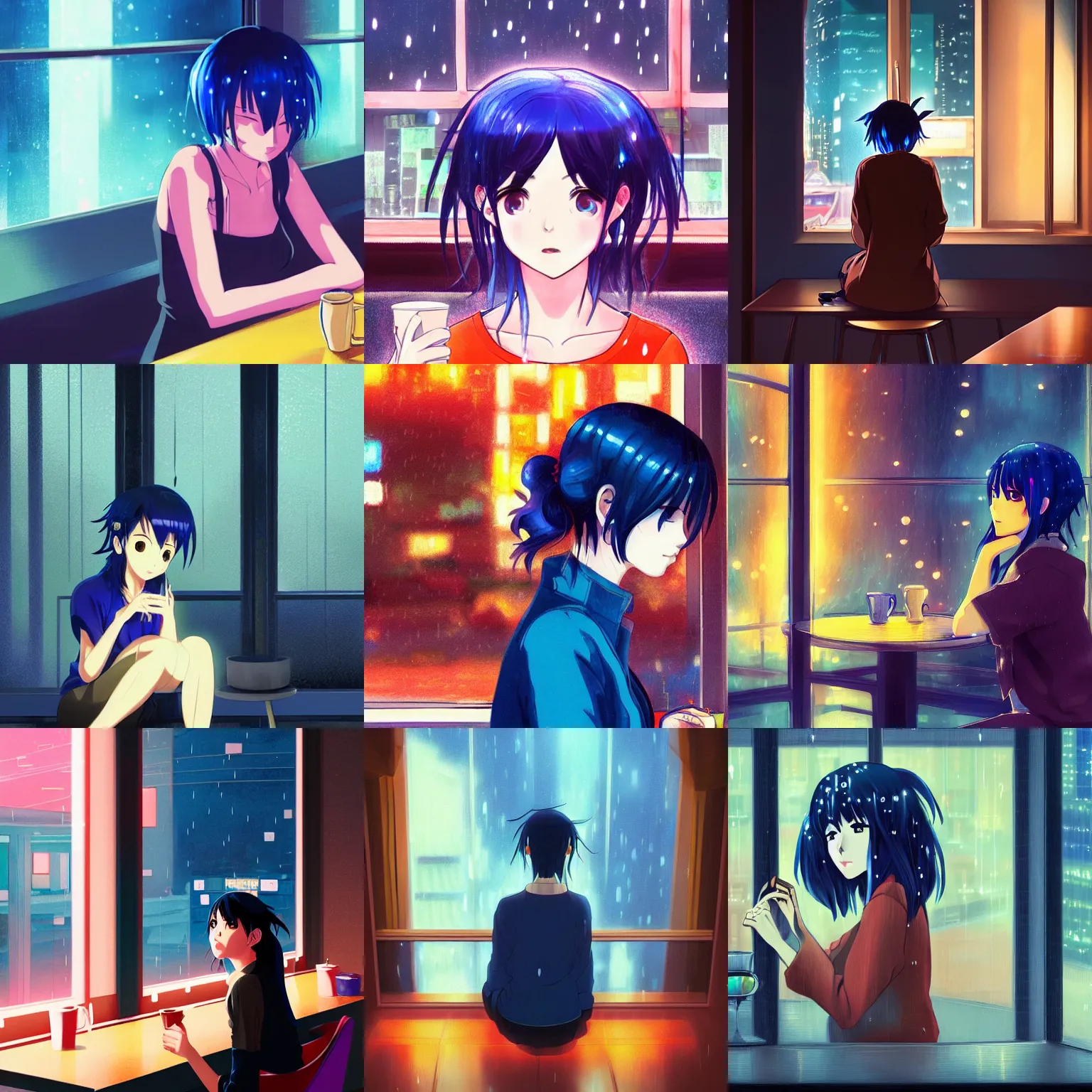 Prompt: beautiful anime painting of a woman with dark-blue hair sitting in a cafe next to a window on a rainy night, outside are neon lights from a dense city, by makoto shinkai, kimi no na wa, artstation, atmospheric, high detail