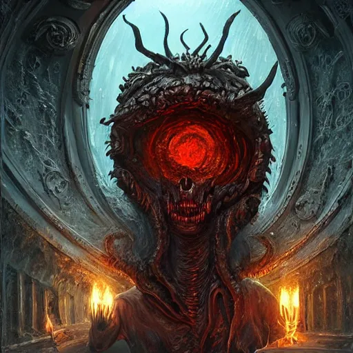 Image similar to hyper realistic portrait of a Necronomicon demon character in a hell portal in a film, art by Greg Rutkowski , art by Dmitry Prozorov, art by Izabela Poznańska, sci-fi, fantasy, intricate, ornate, very very beautiful, elegant, highly detailed, digital painting, artstation, concept art, smooth, sharp focus, illustration