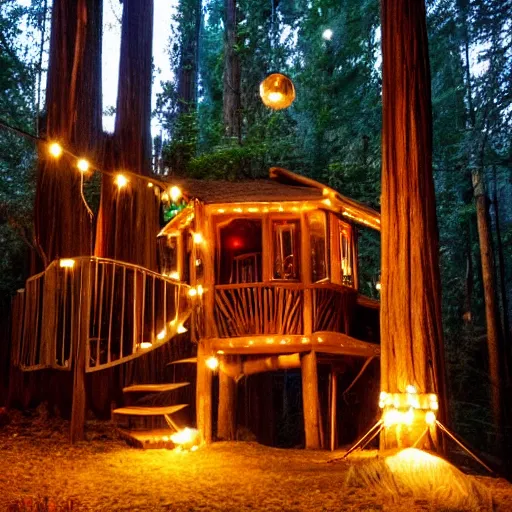 Prompt: cozy treehouse in redwood forest at night with globe lights and fairy lights