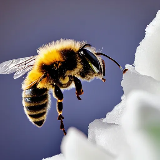 Prompt: a bee finding the last flower in antarctica, only snow i the background, beautiful macro photography, ambient light