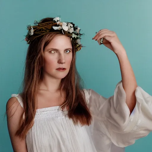 Image similar to a photograph of beautiful nordic woman wearing a white folkdrakt dress, she has a summer flower headband. against a teal studio backdrop. strong kodak portra 4 0 0 film look. film grain.