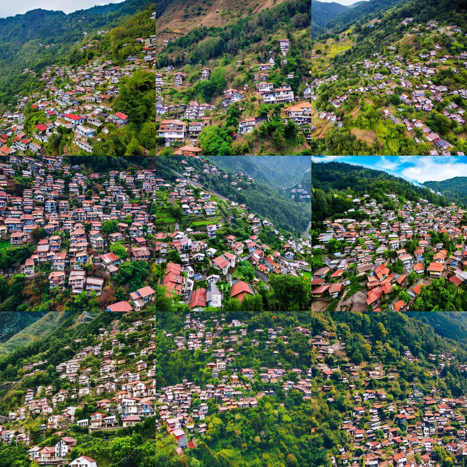 Prompt: Wide angle aerial view of a hillside village