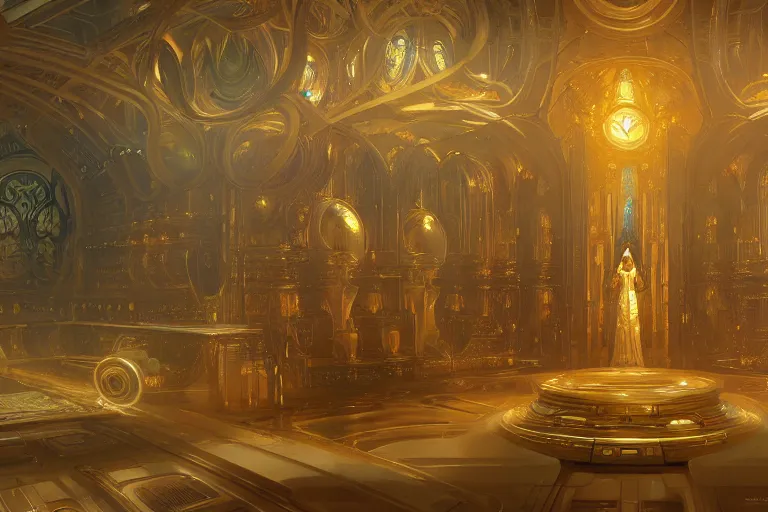 Image similar to a background matte painting for a high tech science fiction religious room with chambers of bubbling liquid gold intricate digital painting artstation concept art smooth sharp focus illustration, art by artgerm and paul chadeisson and greg rutkowski and alphonse mucha